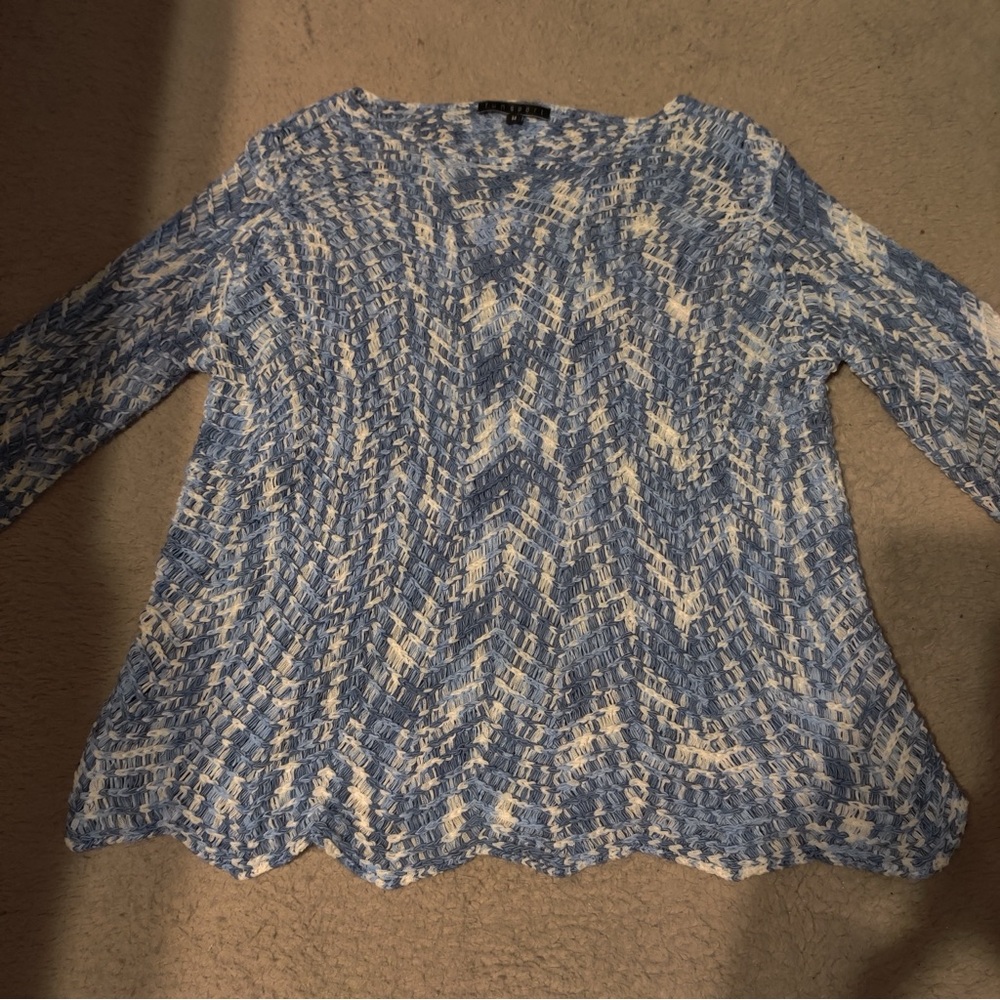 Blue and White Women's Sweater Open Knit Bell Sleeve Triangle Scalloped Hem